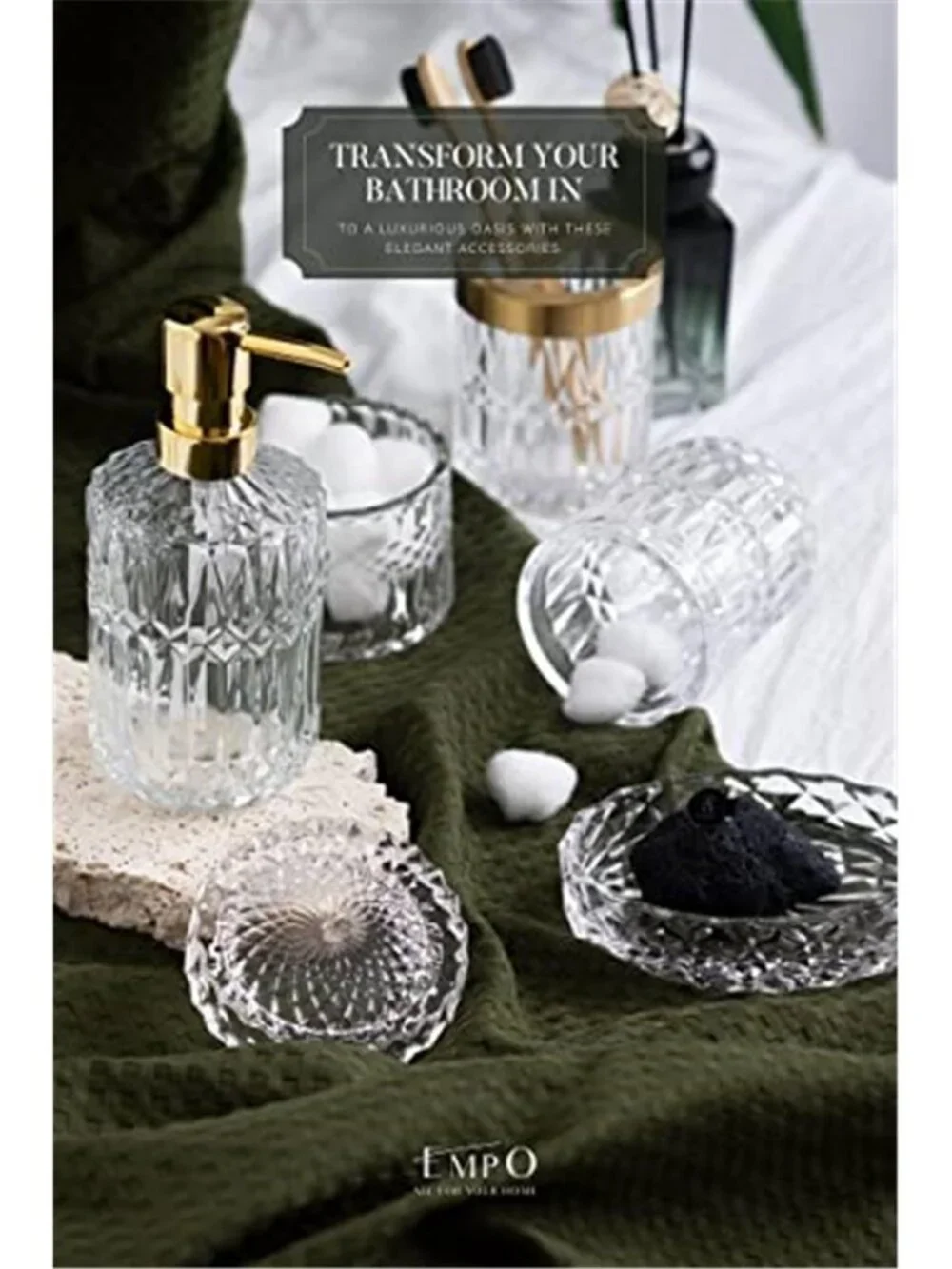 6PCS Bathroom Clear Glass Accessories Set Lotion Soap Dispenser, Soap Dish